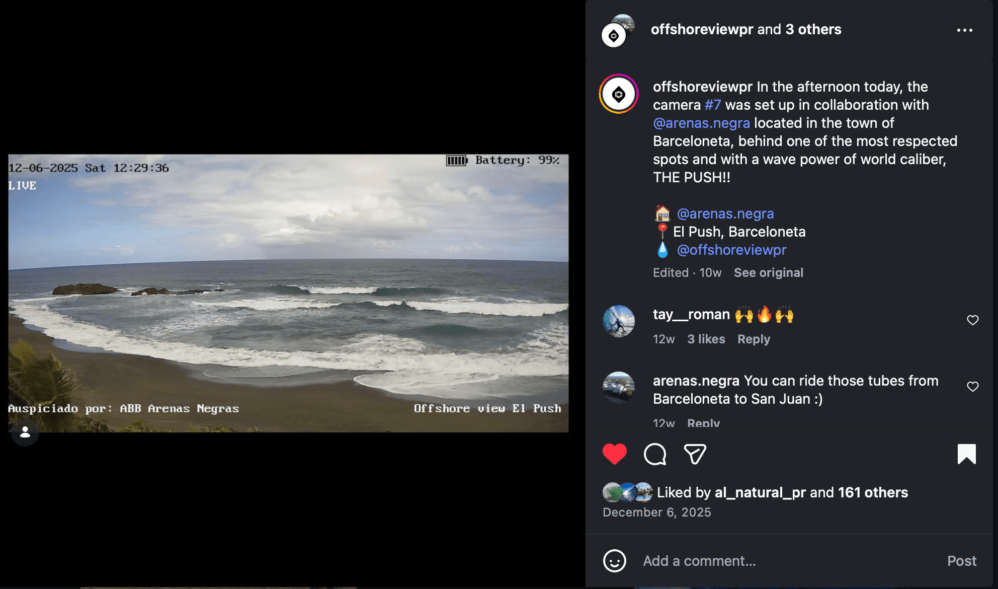 El Push surf break viewed from Camera 7 at Arenas Negra