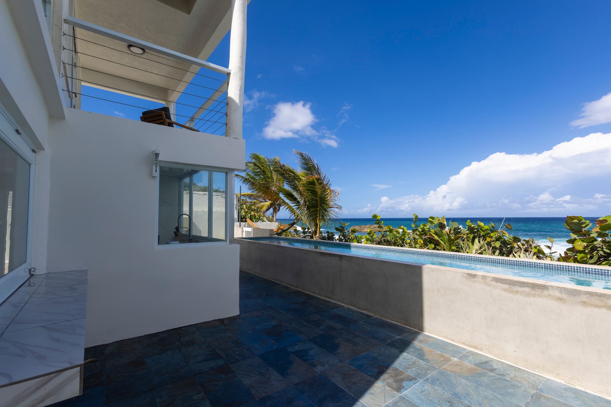 Pool edge with palm and ocean behind